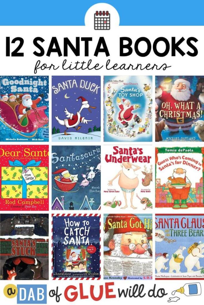 12 book covers of Santa Claus picture books.