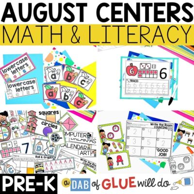 August Monthly Math and Literacy Centers for PreK - A Dab of Glue Will Do