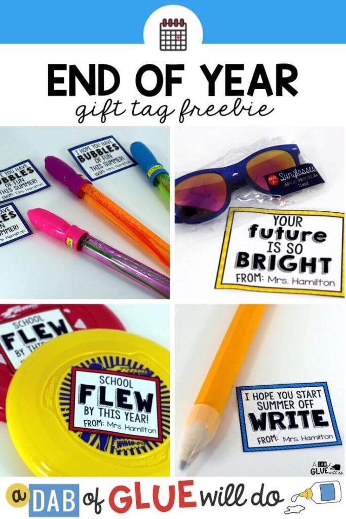 A pencil, frisbees, sunglasses, and bubble wands with gift tags with them