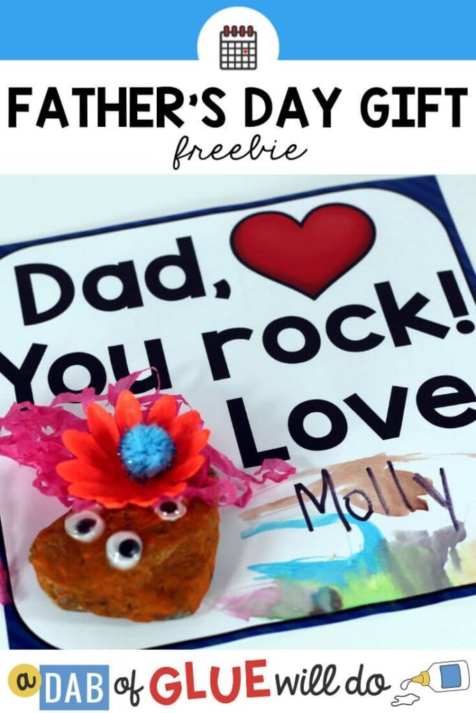 A card that says "Dad, You rock! Love, Molly" with a decorated rock attached