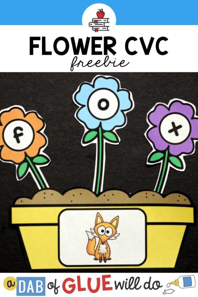 A flower pot with a picture of a fox on it with three flowers spelling out the word.