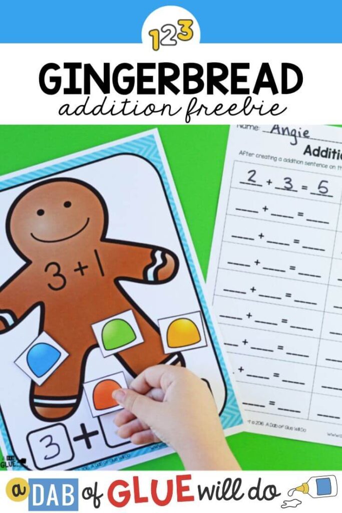 A gingerbread man mat with the equation "3+1" on it with a child's hand building the equation with paper gumdrops.