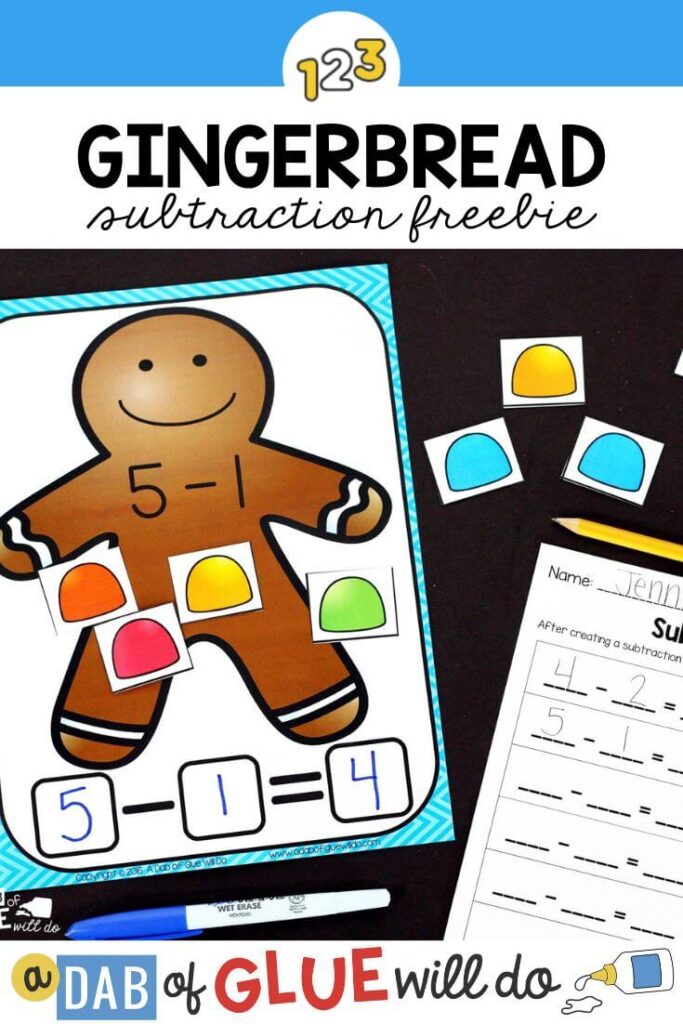 A gingerbread man mat with the equation 5-1 on it with paper gum drops acting out the equation
