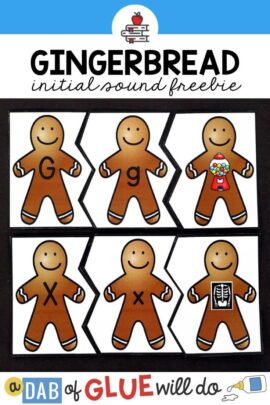 To sets of gingerbread initial sound puzzles with 3 cards each, one with an uppercase letter, one with the matching lowercase, and one with a word that begins with that sound.