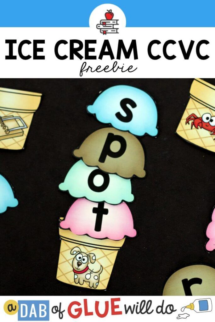 An ice cream cone with a picture of the dog and ice cream scoops spelling out the word "spot"