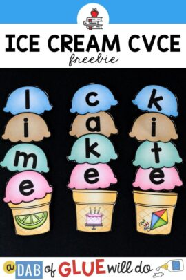 3 paper ice cream cones with pictures of CVCE words on them with ice cream scoops on top spelling out the words "lime," "cake," and "kite"