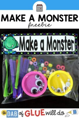 A bag full of playdough, googly eyes, and pipe cleaners for children to build monsters with