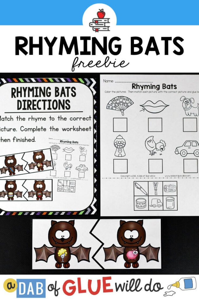 A bat rhyming activity for kids to practice matching rhyming words