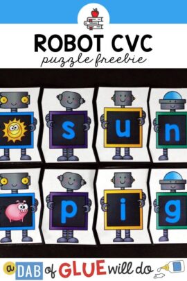 Robot puzzles to practice spelling CVC words