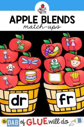 Paper baskets with blends on them with matching apple picture cards on them to practice identifying blends in words