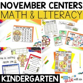 November Math and Literacy Centers for Kindergarten - A Dab of Glue Will Do