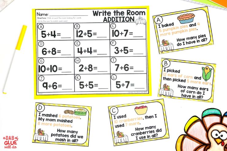 write the room addition worksheets for first grade with a november theme