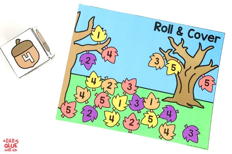 roll & cover kindergarten math game for November centers