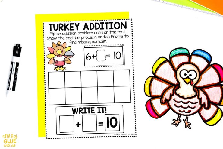Turkey addition write and wipe math center for first grade