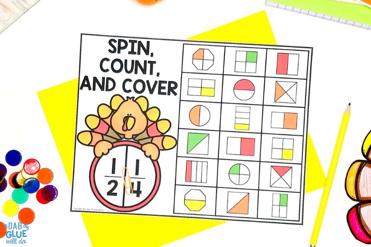spin, count, and cover partner game for first graders