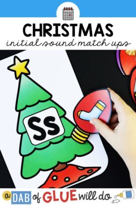 A Christmas tree and lights match up activity for children to use to practice beginning sounds, like words that begin with S on this tree.