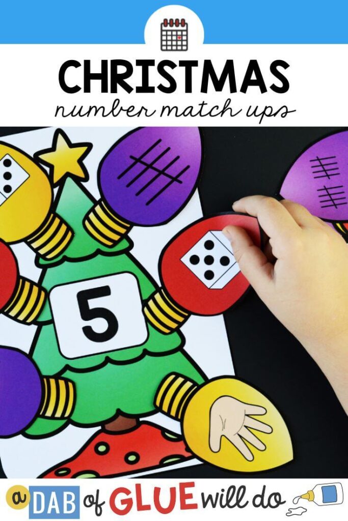 Christmas tree and lights match up activity to help students identify and show numbers in different ways.
