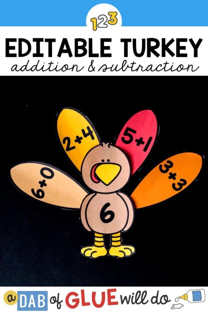 A turkey with the number 6 on it with 4 multicolored feathers that have equations that equal 6 on them for young students to practice addition and subtraction