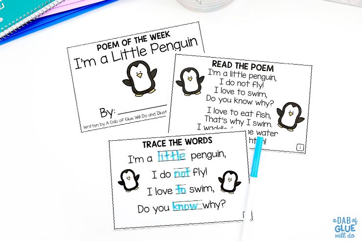 I'm a little penguin Kindergarten literacy center for January poem of the week
