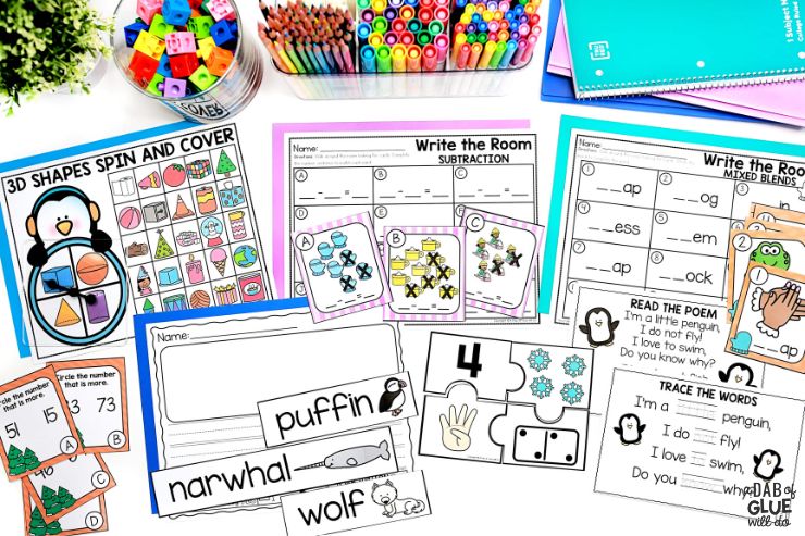 These fun and engaging math and literacy centers are perfect for kindergarten students in January!