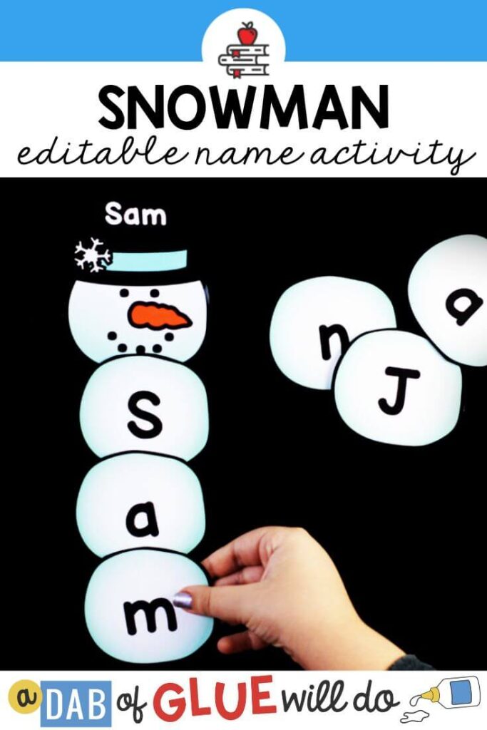 A snowman activity to help kids practice building their names.