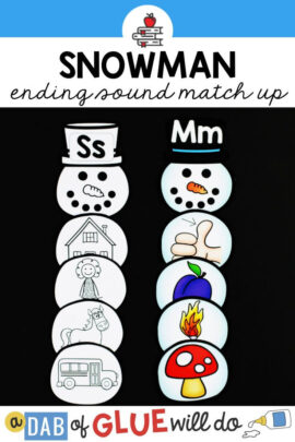 snowman match ups in color and black & white to help students identify ending sounds.