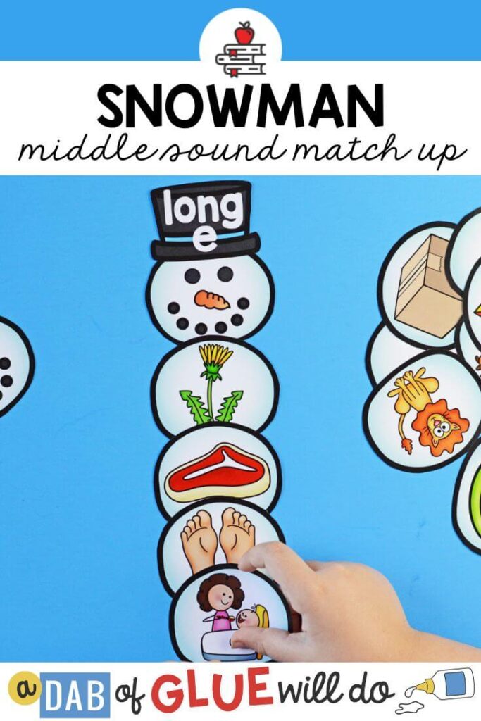 A snowman match up activity for students to practice identifying middle vowel sounds.