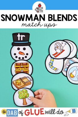 A snowman match up activity for children to practice identifying blends in words.