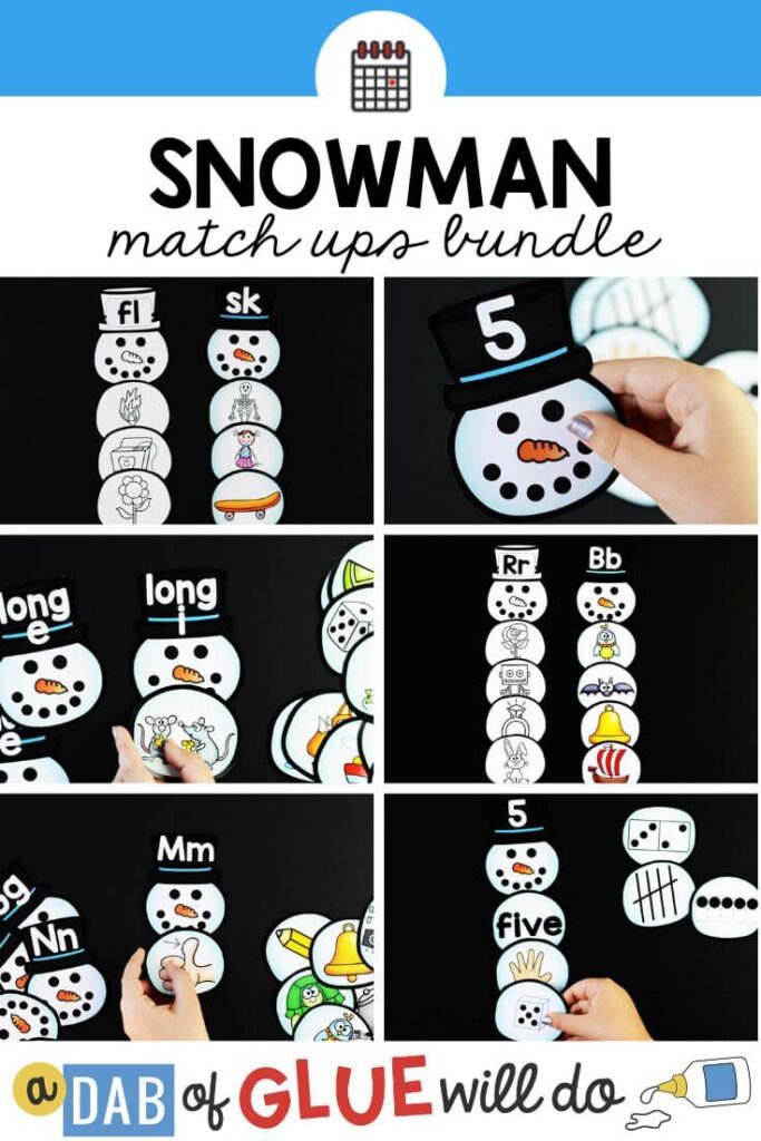 A collection of snowman match ups to help kids practice initial, middle, and ending sounds, as well as blends and numbers.