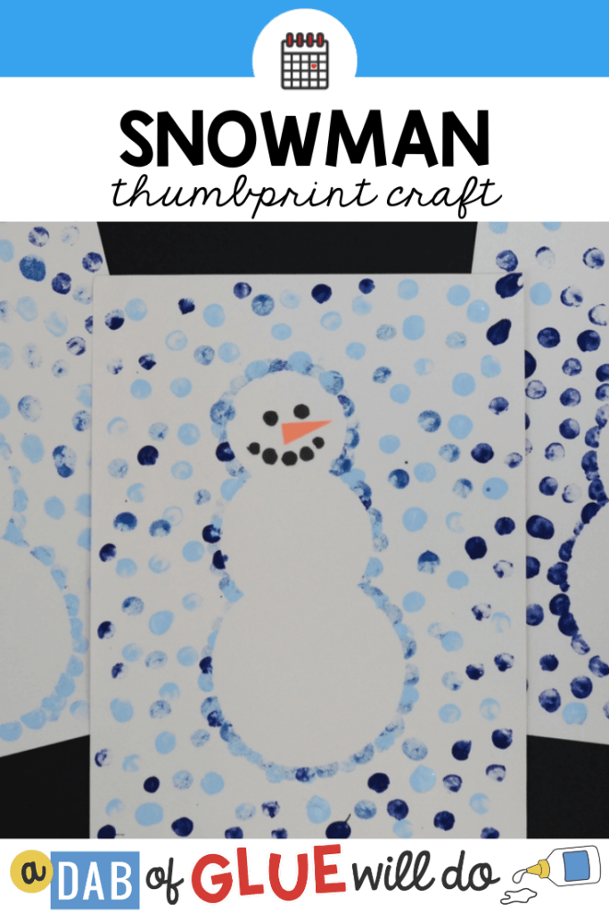 A craft made with paint, a snowman template and fingerprints/thumbprints.