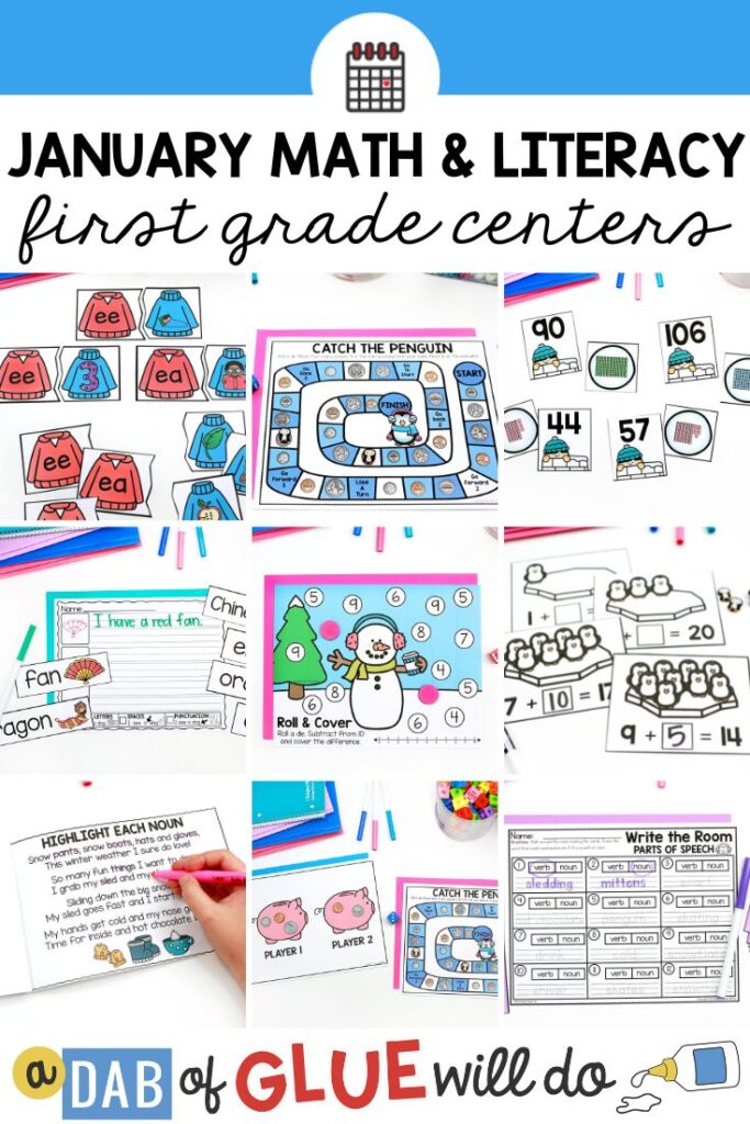 Here are some fun, hands-on 1st grade math and literacy centers to help your students practice key skills throughout the month of January.