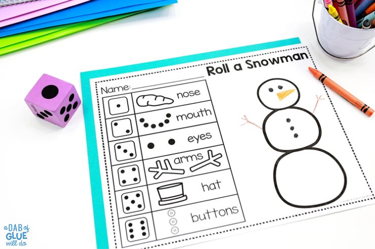 Roll a snowman dice games for prek January math centers
