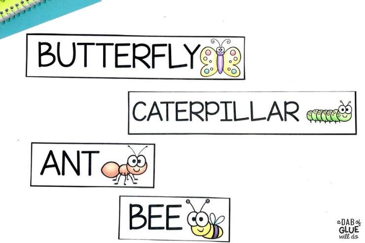 Easter words for prek students. Butterfly, caterpillar, ant, bee