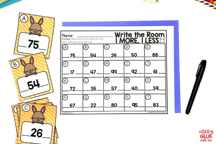 spring math write the room 1 more 1 less activity