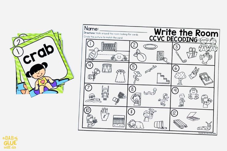 May Kindergarten Literacy center write the room ccvc decoding worksheet