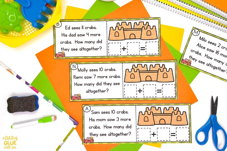 Write and wipe word problems for summer for first graders